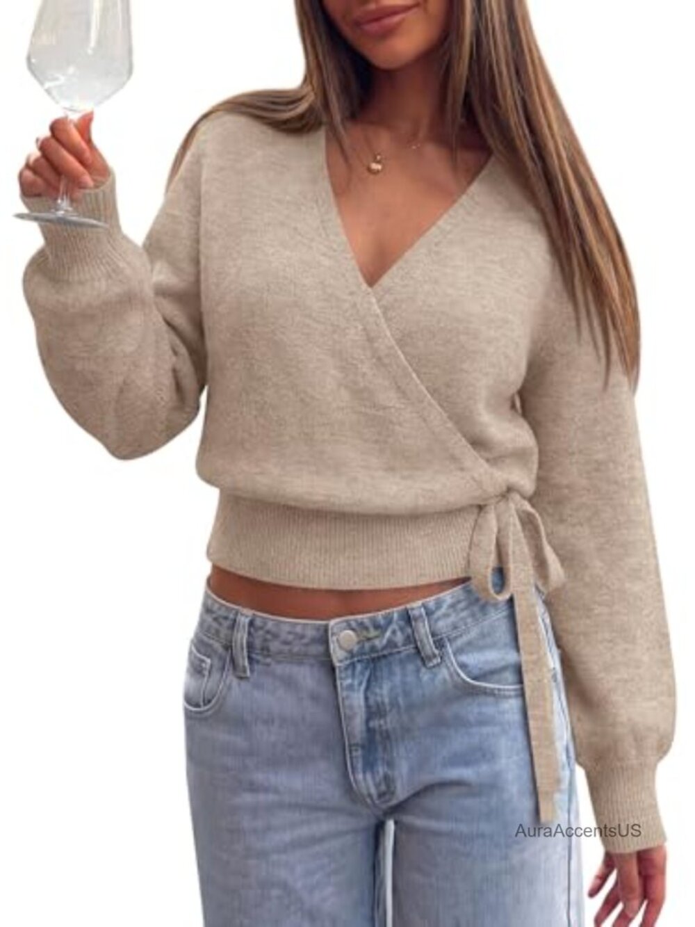 V Neck Wrap Knit Sweater for Women - Cropped Pullover with Side Tie Waist